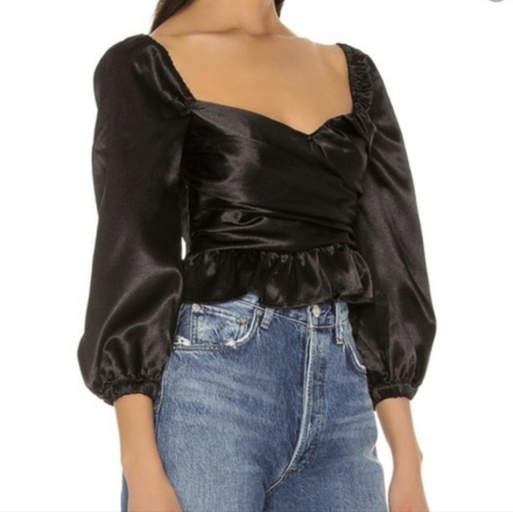 Majorelle Black Satin Cropped Puff Sleeve Top - Picture 1 of 11